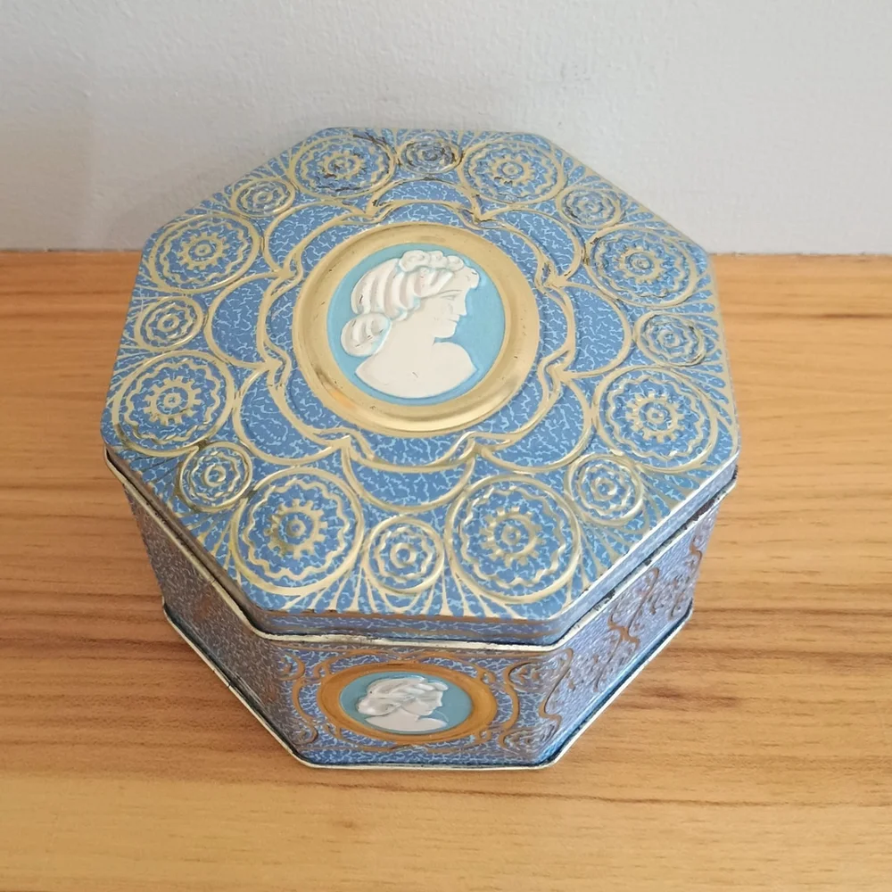 Vintage Octagon Embossed Cameo Drop Candy Tin England Blue White Gold